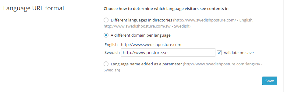 Inställningar för WPML där den engelska sidan använder domänen swedishposture.com och den svenska sidan använder posture.se.